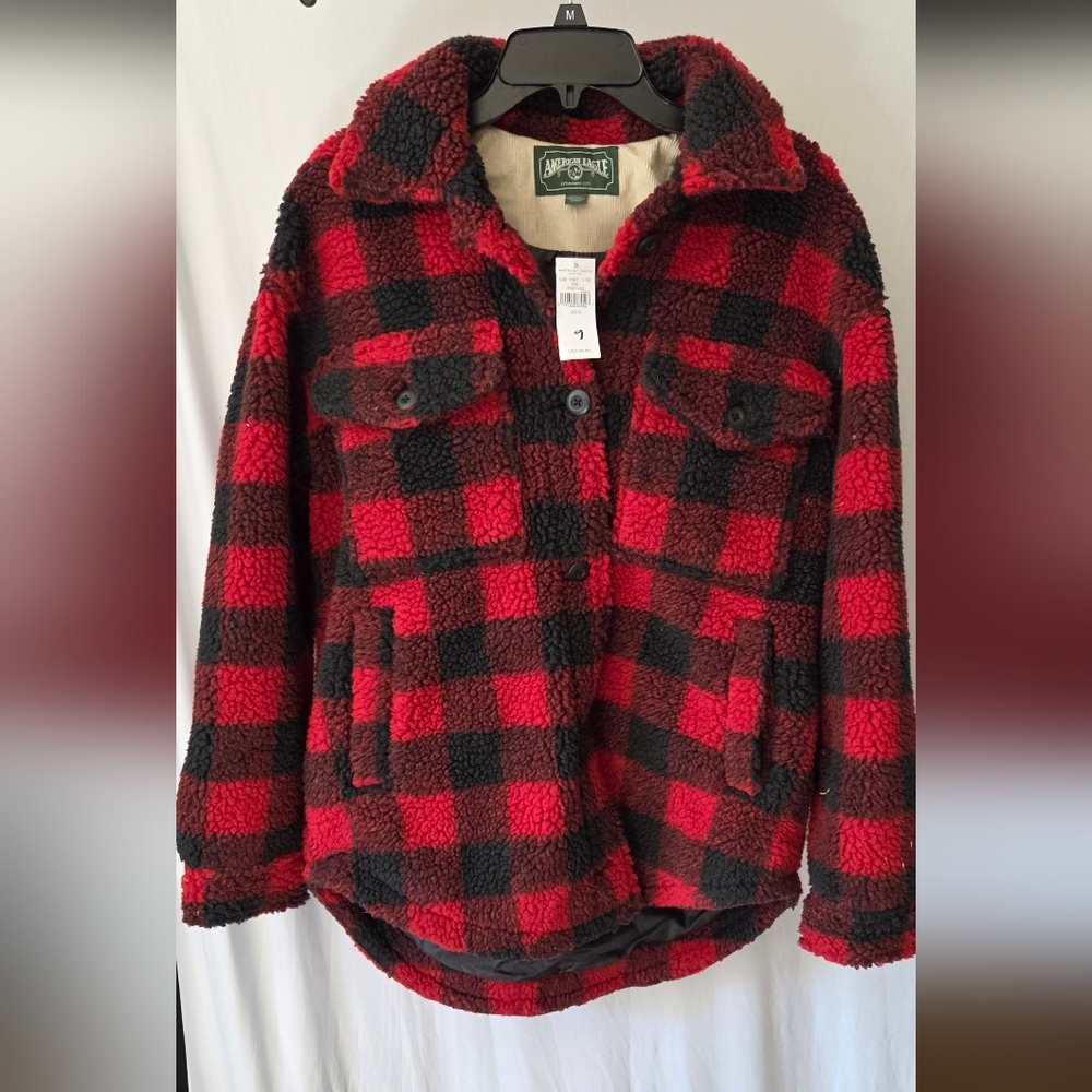 Lands' End Women's Plaid Teddy Jacket in Red and Black